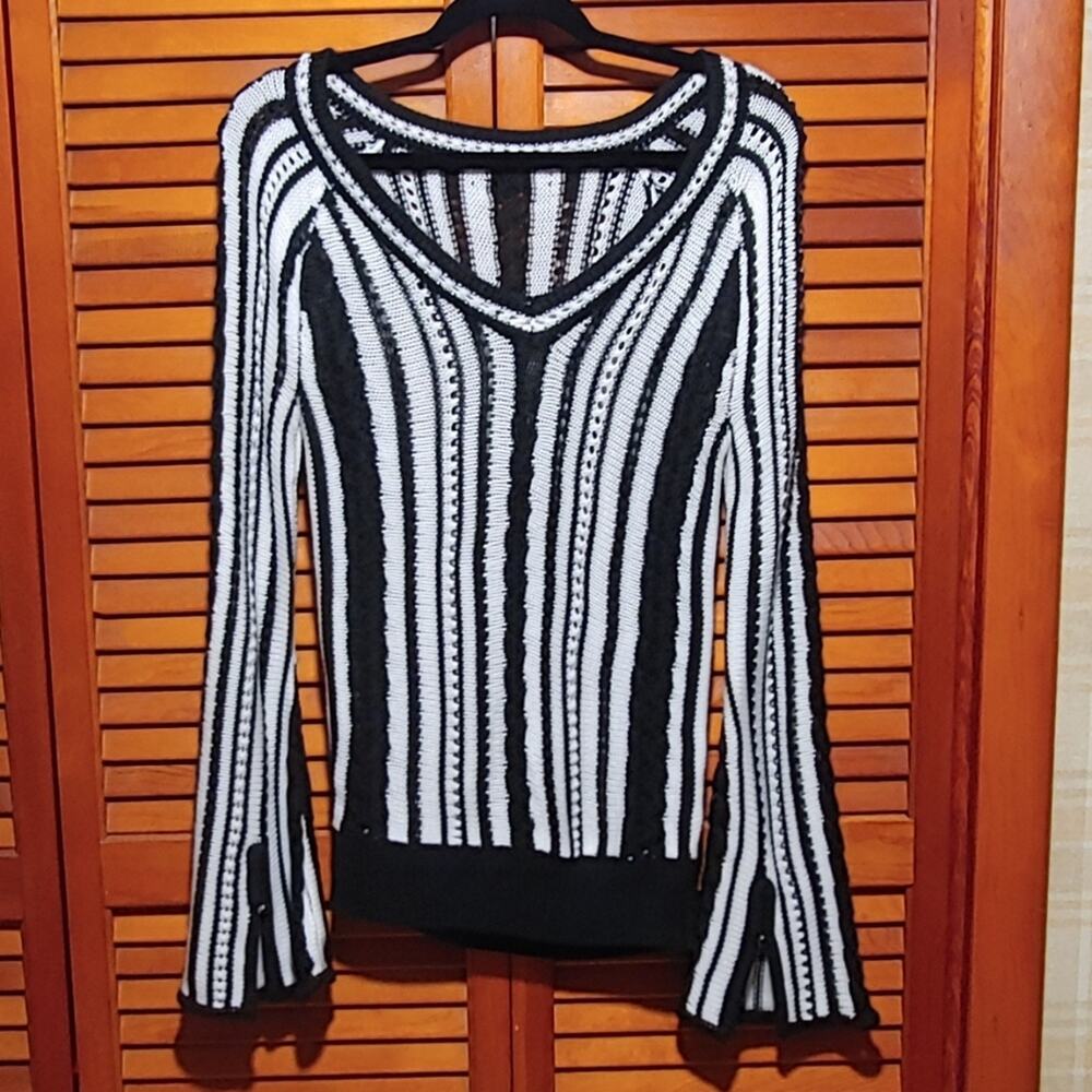 Y2K Women XS Black White Striped Knit Sweater Goth Mod Art Girl Indie Whimsigoth